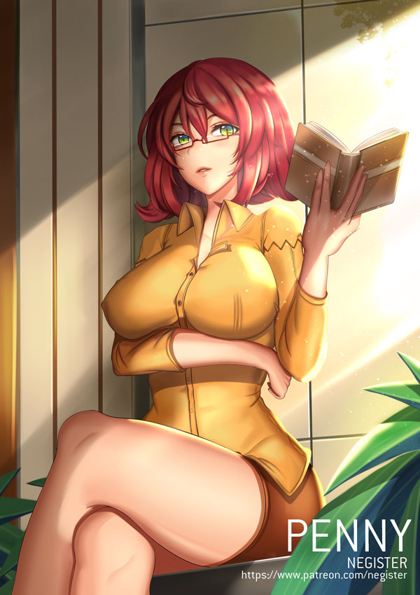 1girl, bespectacled, book, breasts, brown_hair, character_name, crossed_legs, curly_hair