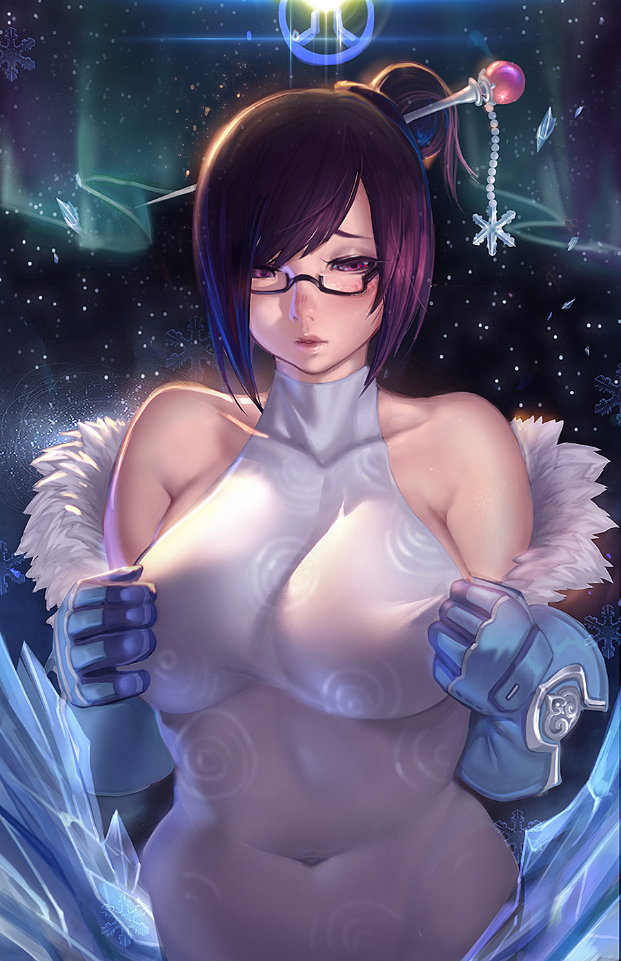 1girl, adjusting_clothes, alternate_costume, aurora, bangs, bare_shoulders, beads, black-framed_glasses