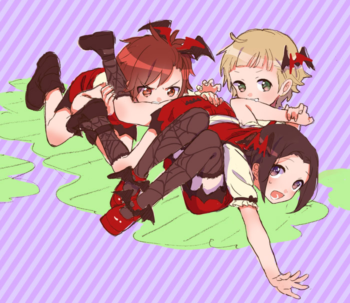 3boys, ass_grab, bat, biting, biting_arm, black_hair, blonde_hair, brown_eyes, brown_hair, himeno_kanon, idolmaster, idolmaster_side-m, leg_bite, looking_at_another, male_focus, mofumofuen, multiple_boys, okamura_nao, rice_(rice8p), smile, socks, sweatdrop, tachibana_shirou, thigh-highs, yaoi