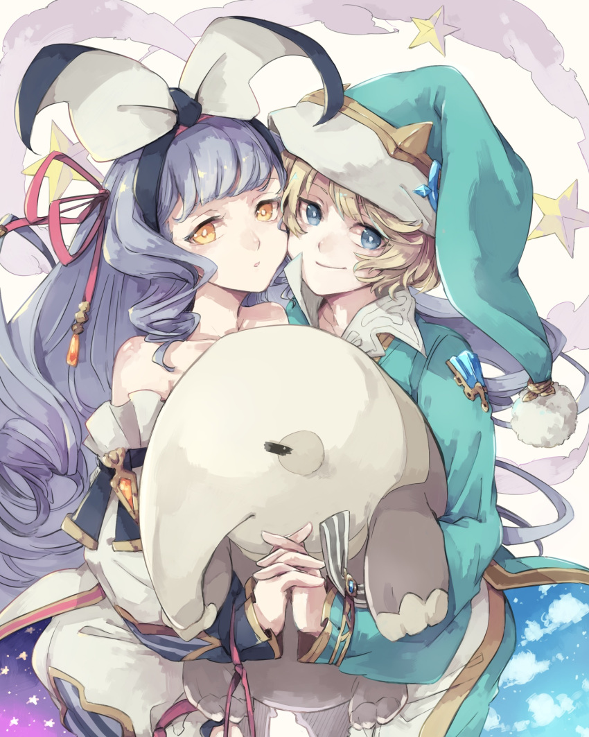 asuna_(doruru-mon), bare_shoulders, blonde_hair, blue_eyes, blue_hair, cheek-to-cheek, drill_hair, granblue_fantasy