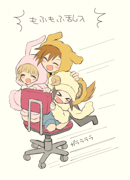 >_<, 3boys, animal_hood, bangs, black_hair, blonde_hair, blunt_bangs, blush_stickers