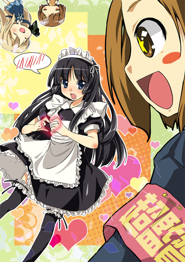 4girls, akiyama_mio, alternate_costume, armband, black_eyes, black_hair, brown_eyes, brown_hair