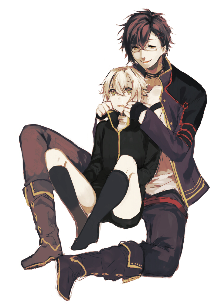 2boys, akashi_kuniyuki, black_legwear, boots, cheek_pull, glasses, green_eyes, hair_ornament