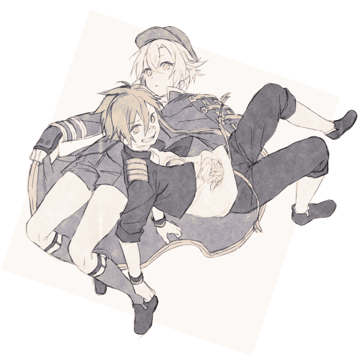 2boys, aizen_kunitoshi, armor, bandaid, bandaid_on_nose, cape, garters, grin