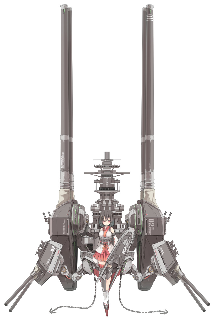 1girl, absurdres, anchor, bare_shoulders, black_hair, blush, breasts, cannon