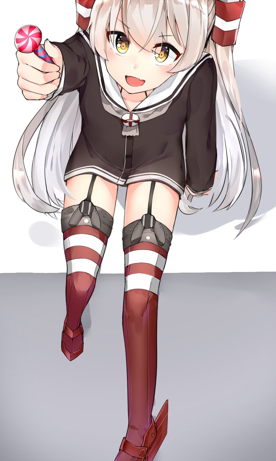 1girl, amatsukaze_(kantai_collection), brown_dress, brown_eyes, candy, dress, garter_straps, giving