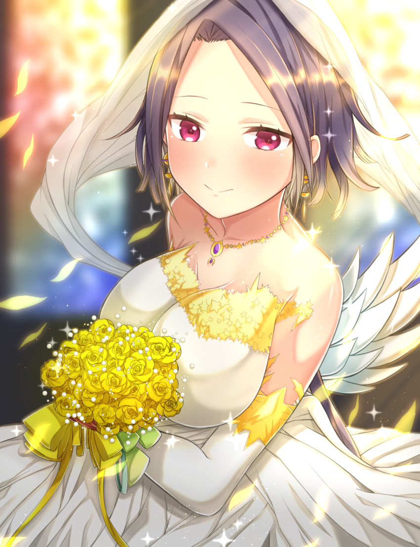 1girl, akiran'nu, alternate_costume, alternate_hairstyle, bare_shoulders, blush, bouquet, bow