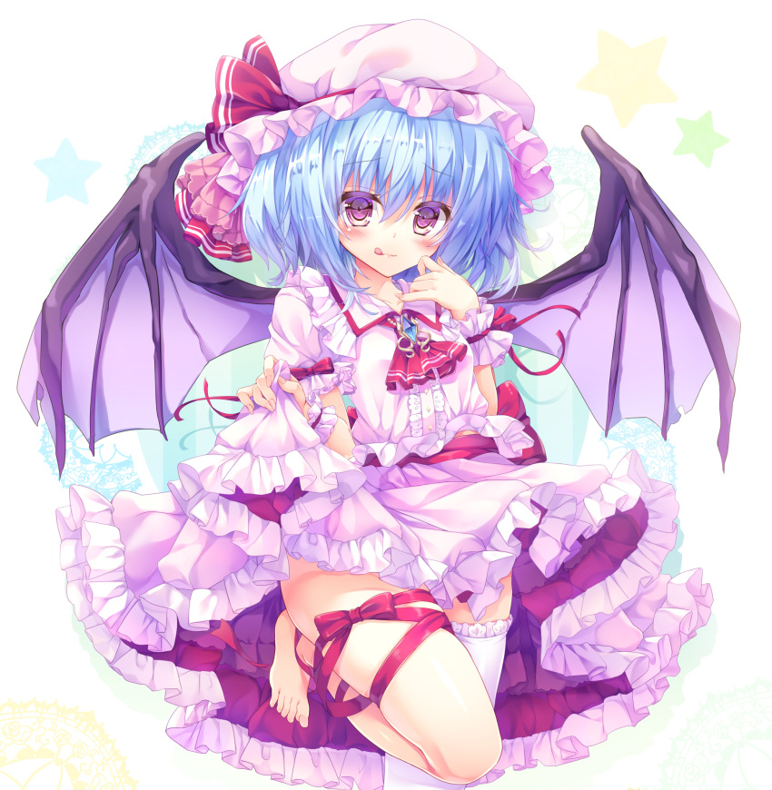 1girl, :q, ascot, barefoot, bat_wings, blue_hair, blush, brooch