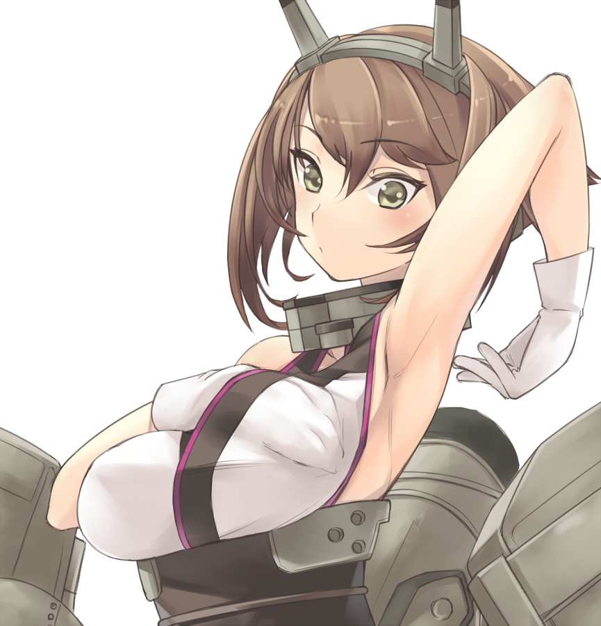 1girl, arm_up, armpits, breasts, crop_top, flipped_hair, gloves, green_eyes