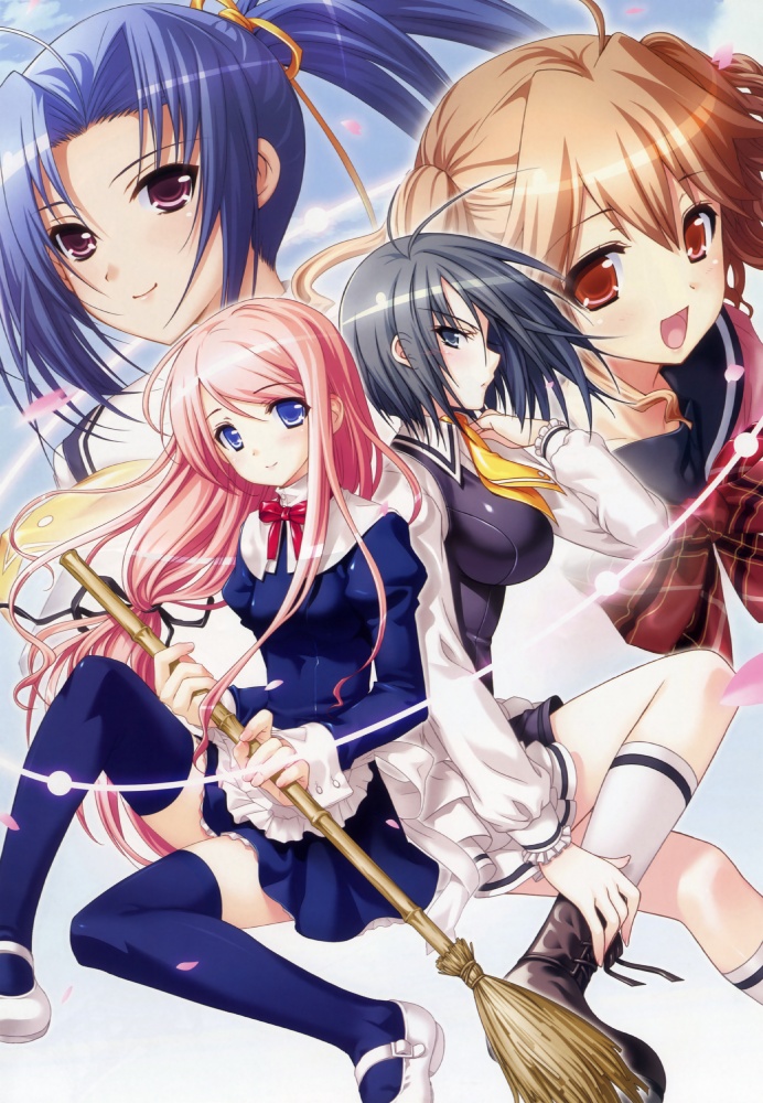 :d, ascot, black_eyes, black_hair, blue_eyes, blue_hair, blue_legwear, broom