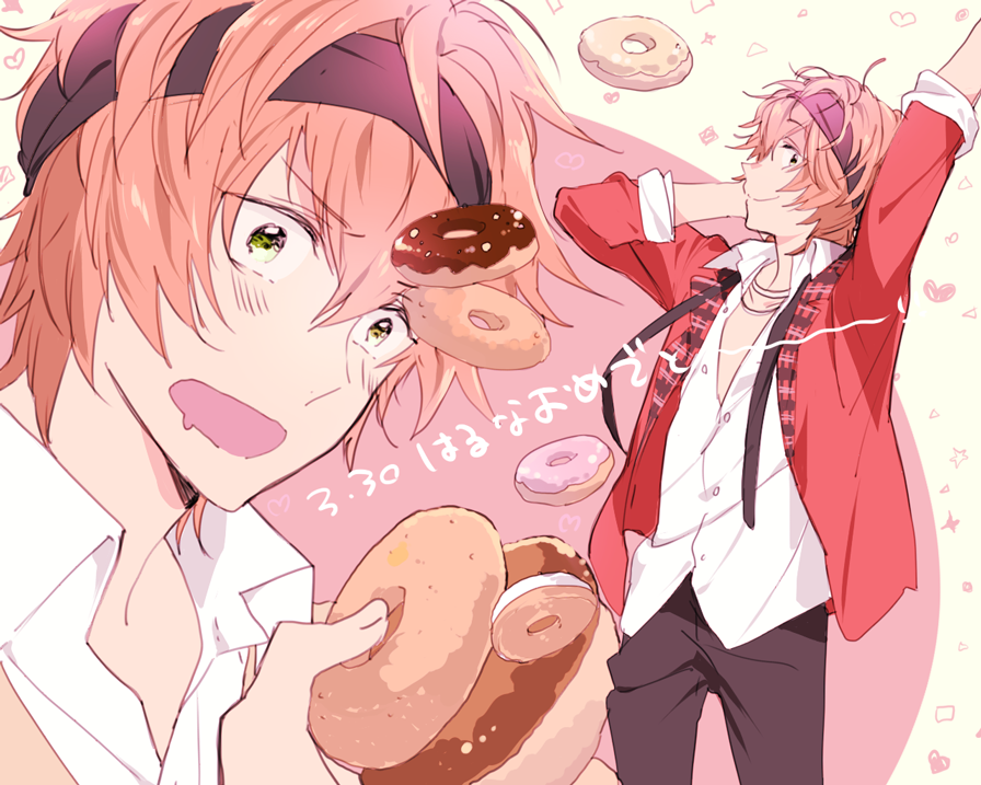 1boy, arm_behind_head, arm_up, dated, doughnut, dual_persona, food, happy_birthday