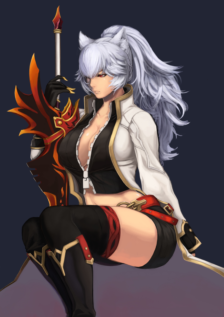 1girl, animal_ears, black_gloves, black_legwear, blazing_heart_(elsword), breasts, cleavage, collarbone