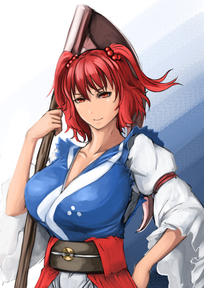 >:), 1girl, breasts, collarbone, hair_bobbles, hair_ornament, hand_on_hip, hoshara