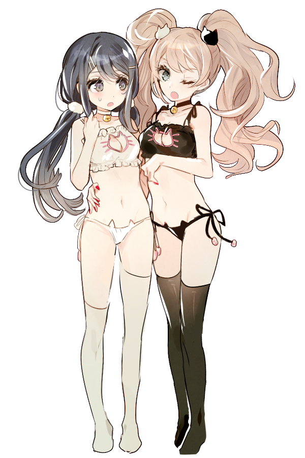 2girls, :o, alternate_hairstyle, arm_around_waist, bell, bell_choker, black_legwear, blue_eyes, blue_hair, breasts, cat_cutout, cat_ear_panties, cat_lingerie, choker, cleavage, cleavage_cutout, dangan_ronpa, dangan_ronpa_1, enoshima_junko, eyelashes, hair_ornament, hairclip, jingle_bell, lingerie, long_hair, low_twintails, maizono_sayaka, multiple_girls, nail_polish, navel, one_eye_closed, open_mouth, otohime_(kk23maa), panties, pink_hair, red_nails, side-tie_panties, standing, thigh-highs, twintails, underwear, white_background, white_legwear