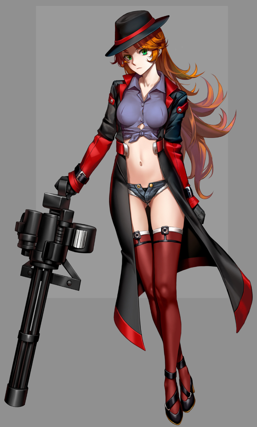 1girl, as109, ass_visible_through_thighs, black_gloves, black_panties, boots, breasts, coat, gatling_gun, gloves, green_eyes, gun, hat, high_heel_boots, high_heels, highres, large_breasts, long_hair, looking_at_viewer, m.a.d_mafia_is_all_dead, navel, panties, red_legwear, redhead, shirt, short_shorts, shorts, simple_background, solo, thigh-highs, tied_shirt, underwear, weapon