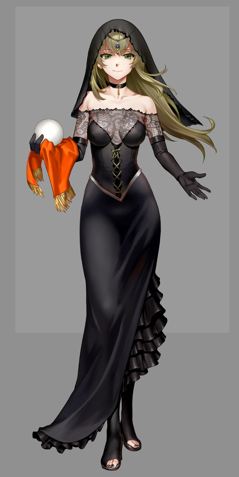 1girl, as109, bare_shoulders, black_dress, black_gloves, black_nails, blonde_hair, boots, breasts, choker, crystal_ball, dress, elbow_gloves, female, gloves, green_eyes, high_heel_boots, high_heels, highres, large_breasts, long_hair, looking_at_viewer, m.a.d_mafia_is_all_dead, nail_polish, simple_background, smile, solo, veil