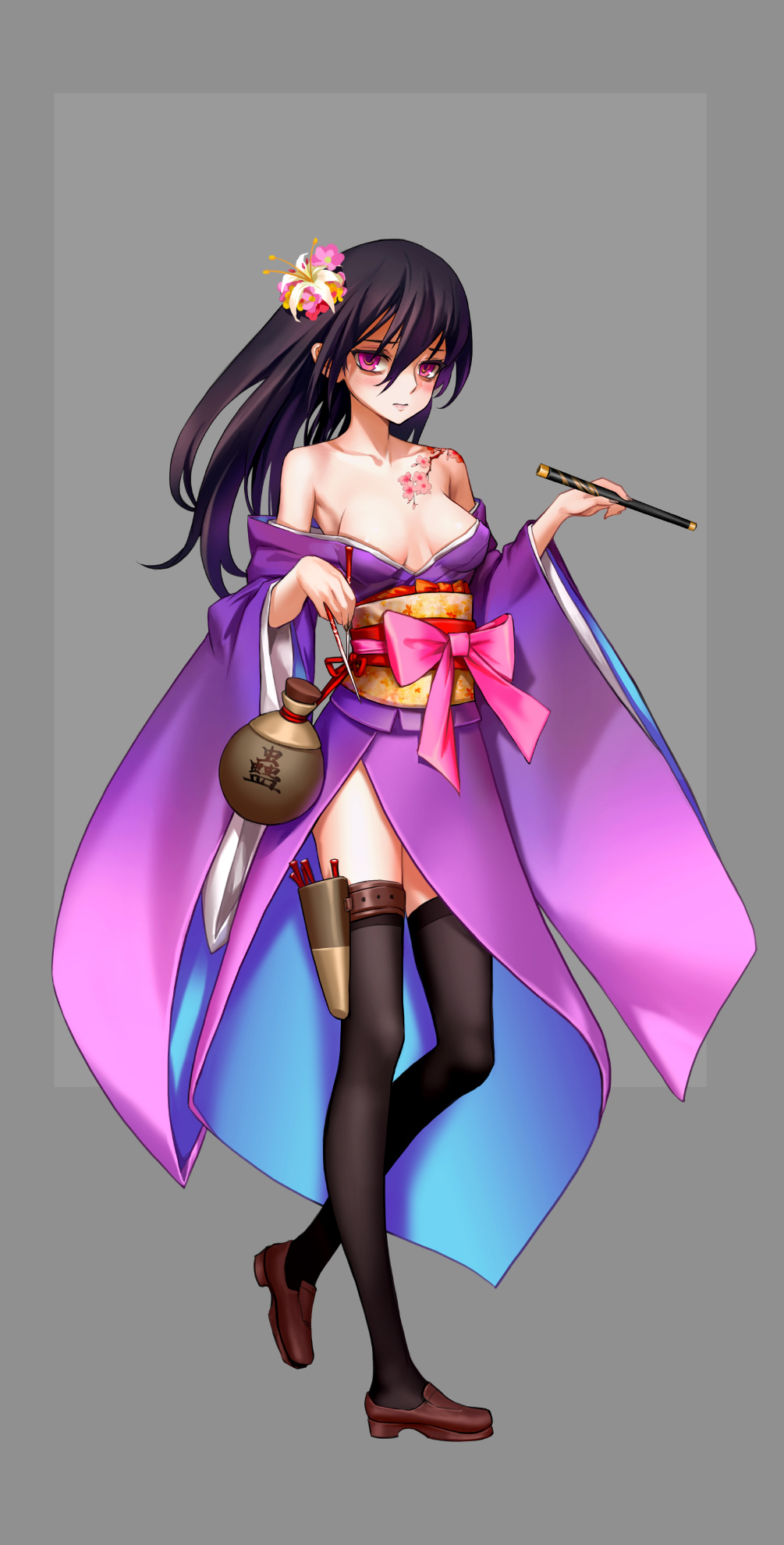 1girl, as109, bare_shoulders, black_hair, black_legwear, blowgun, breasts, cleavage, dart, flower, gourd, hair_flower, hair_ornament, highres, holster, japanese_clothes, kimono, loafers, long_hair, looking_at_viewer, m.a.d_mafia_is_all_dead, obi, off_shoulder, sash, shoes, side_slit, simple_background, solo, tattoo, thigh-highs, thigh_holster, violet_eyes, wide_sleeves
