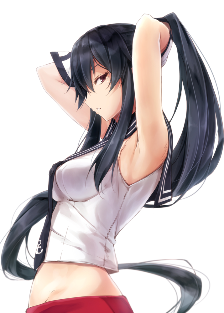 1girl, armpits, arms_up, black_hair, breasts, gloves, kantai_collection, large_breasts