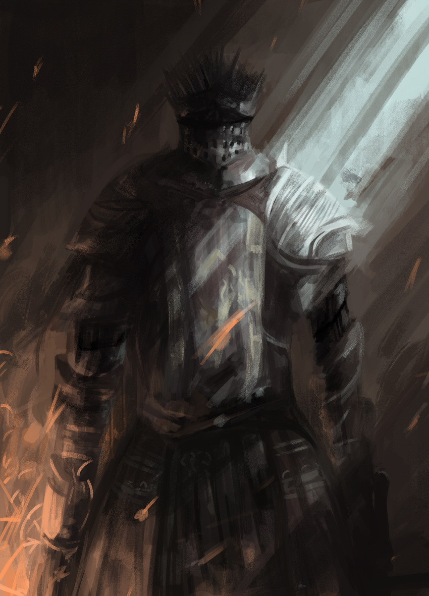 absurdres, armor, dark_souls_iii, embers, fire, highres, knight, light_rays