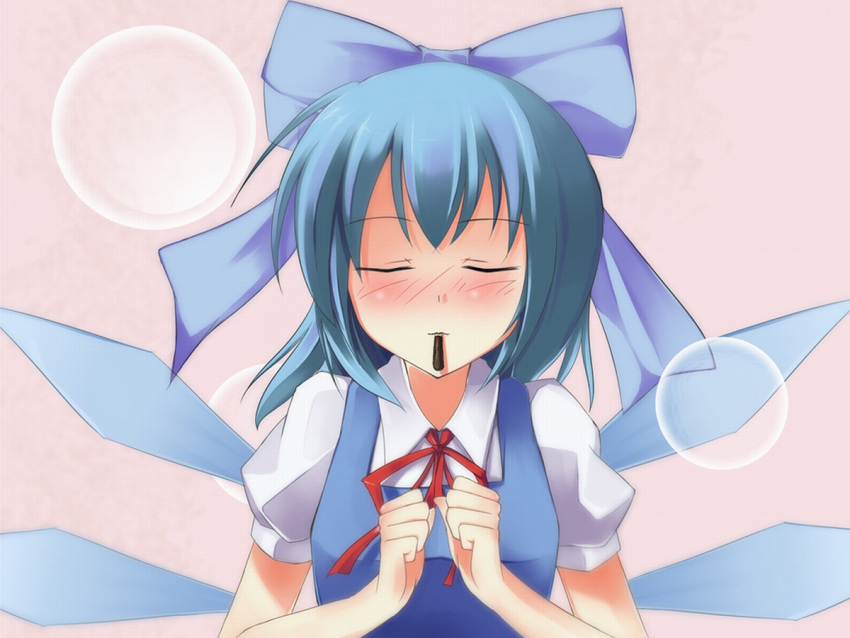 blue_hair, blush, cirno, closed_eyes, nekomu_shi, pocky, touhou