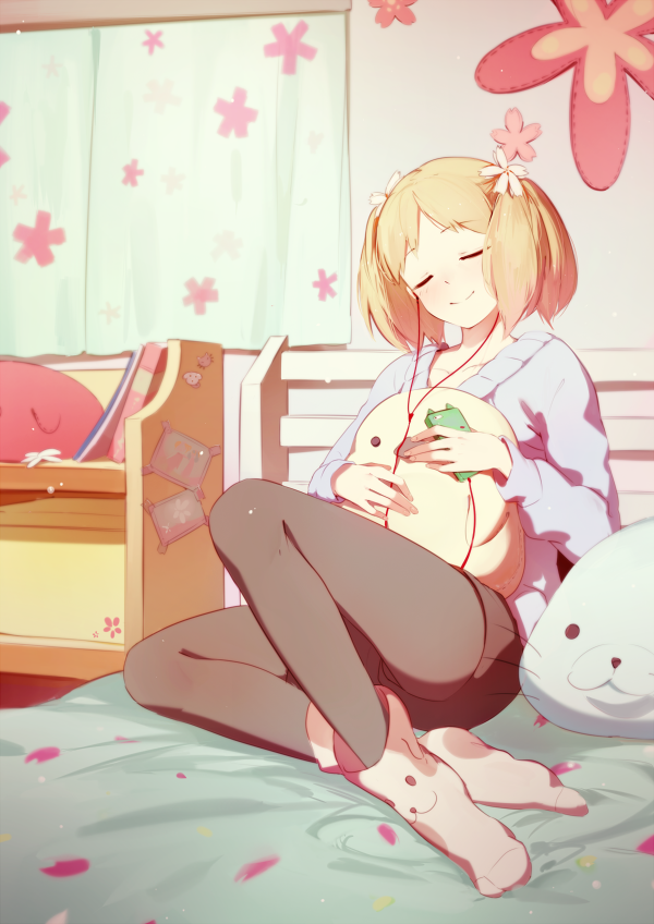 1girl, :3, bed_sheet, black_legwear, blonde_hair, blush, book, closed_eyes