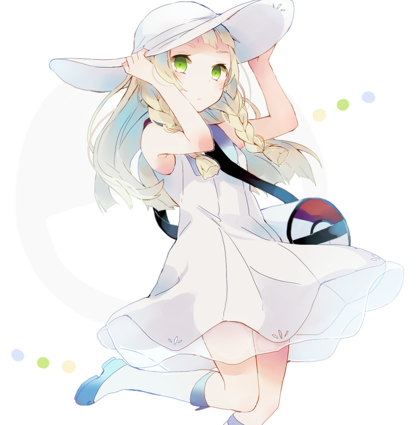 bag, blonde_hair, blush, braid, closed_mouth, dress, duffel_bag, green_eyes, hand_on_headwear, hat, highres, kaneko_aaru, kneehighs, leg_up, lillie_(pokemon), pokemon, pokemon_(game), pokemon_sm, shoes, sleeveless, sleeveless_dress, sun_hat, twin_braids, white_background, white_dress, white_legwear
