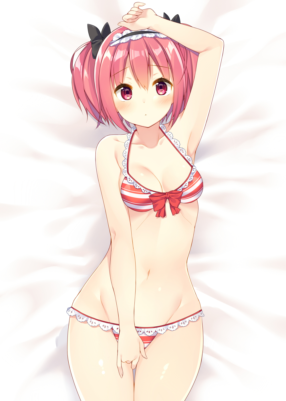 1girl, :<, arm_up, armpits, bangs, bed_sheet, bekotarou, bikini