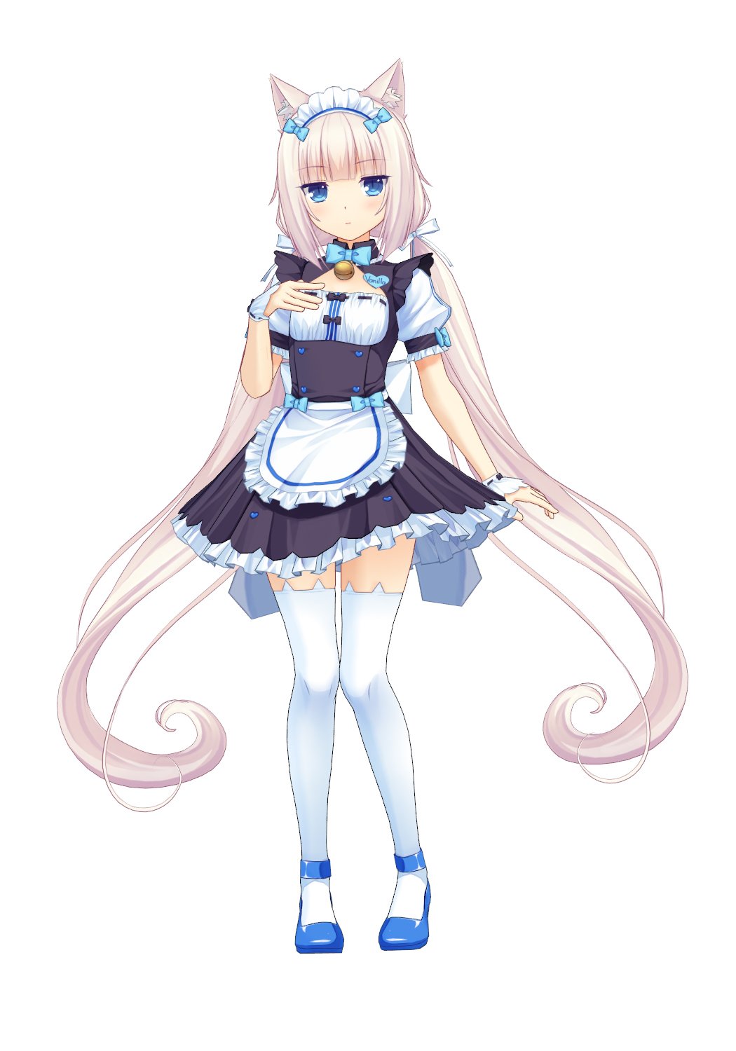 1girl, 3d, animal_ears, apron, bell, bell_collar, blue_eyes, cat_band_legwear