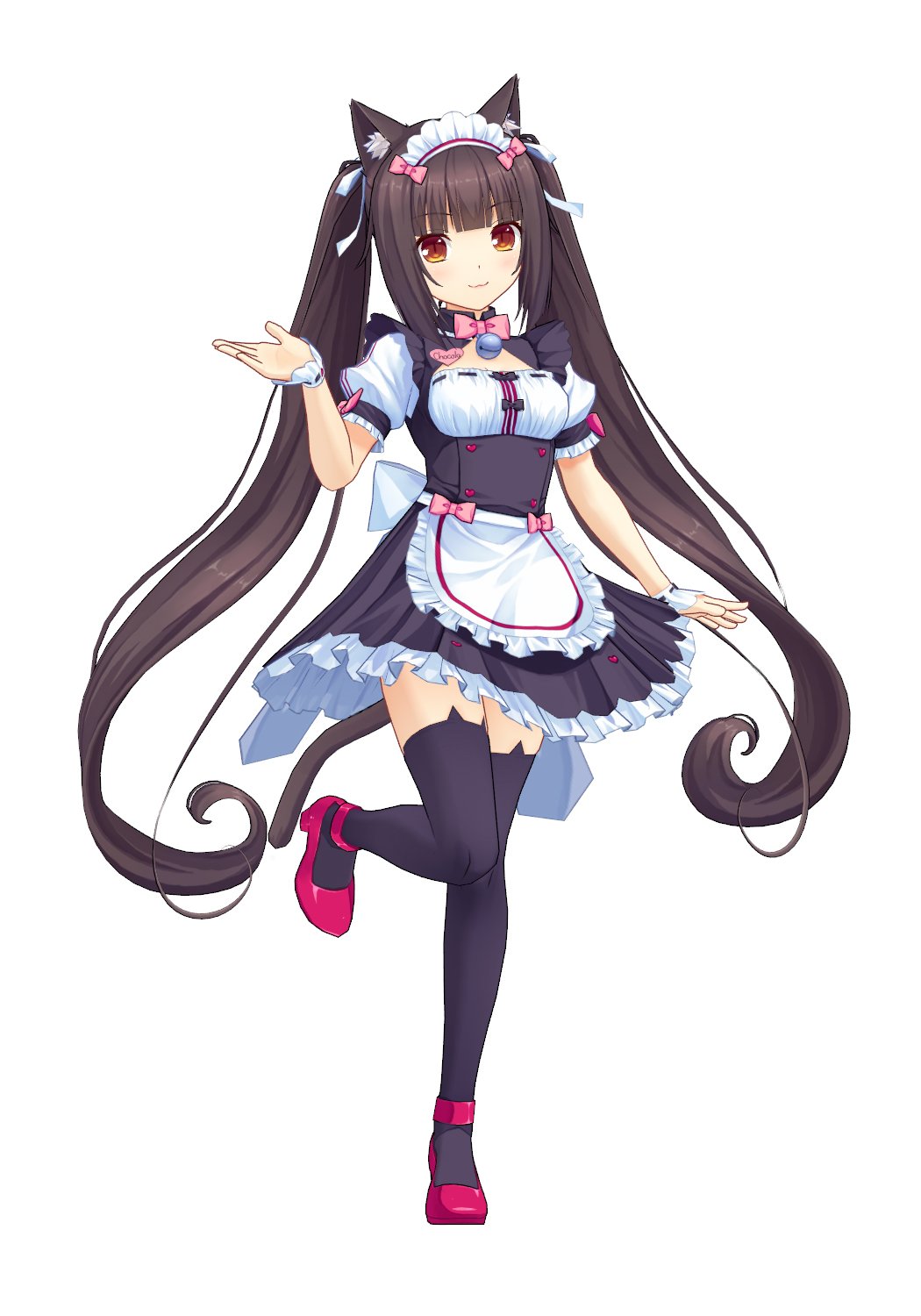 1girl, 3d, :3, animal_ears, apron, bell, bell_collar, blush, breasts, brown_eyes, brown_hair, cat_band_legwear, cat_ears, cat_tail, chocola_(sayori), collar, highres, jingle_bell, long_hair, looking_at_viewer, nekopara, puffy_short_sleeves, puffy_sleeves, ribbon, sayori, short_sleeves, slit_pupils, smile, solo, standing, standing_on_one_leg, tail, thigh-highs, twintails, very_long_hair, waist_apron