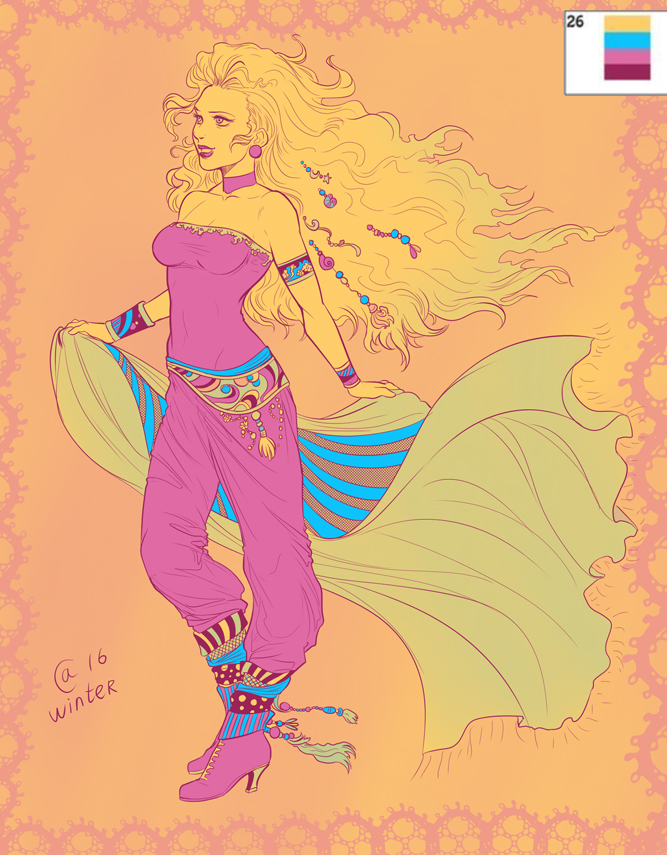 1girl, bare_shoulders, blonde_hair, blue_eyes, braid, breasts, choker, cleavage, cloak, collarbone, color_guide, earrings, full_body, hair_ornament, high_heels, jewelry, lacryma_christi, limited_palette, lipstick, makeup, rebus, sasha_gladysh, smile, solo, yellow_skin
