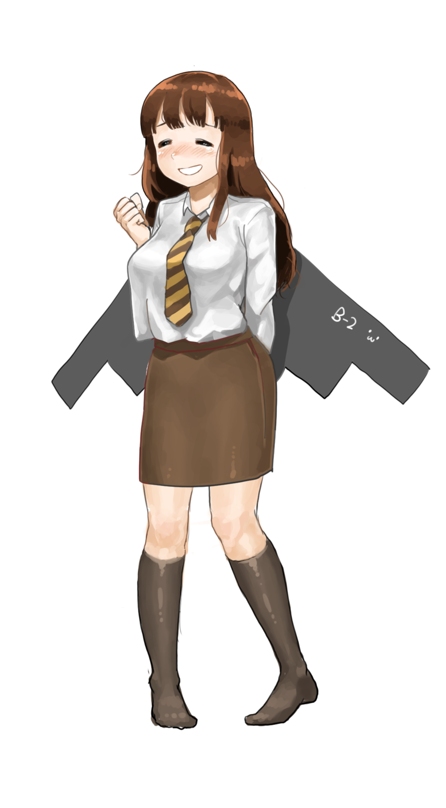 1girl, ^_^, anyan_(jooho), b-2_(flight_highschool), b-2_spirit, blush, brown_hair, closed_eyes