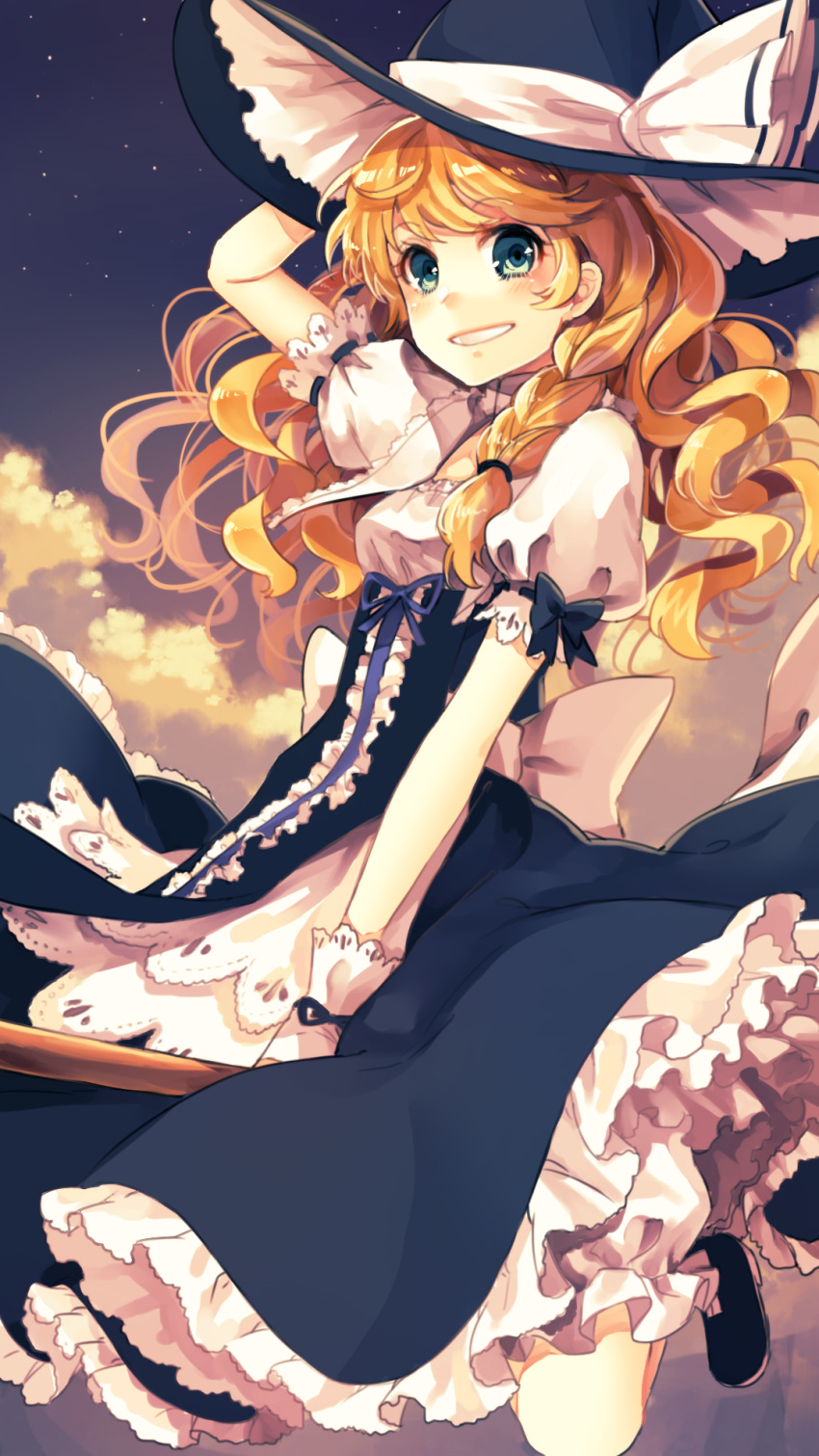 black_shoes, blonde_hair, braid, breasts, broom, broom_riding, curly_hair, detached_sleeves