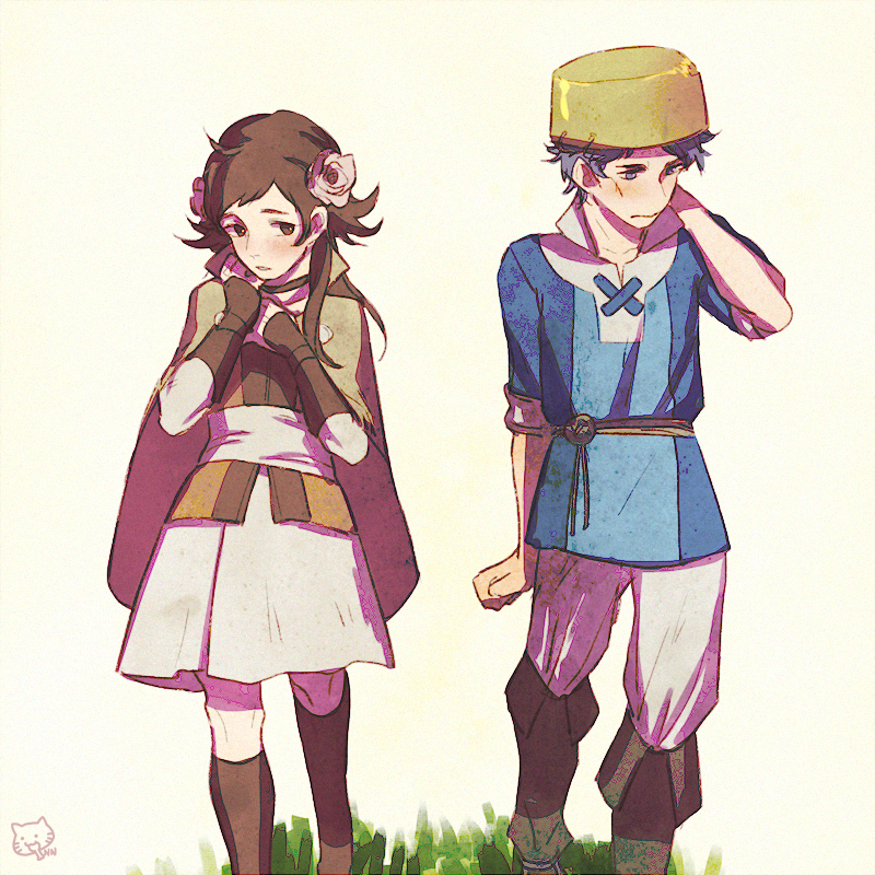 1boy, 1girl, artist_request, blush, boots, brown_eyes, brown_hair, donny_(fire_emblem)