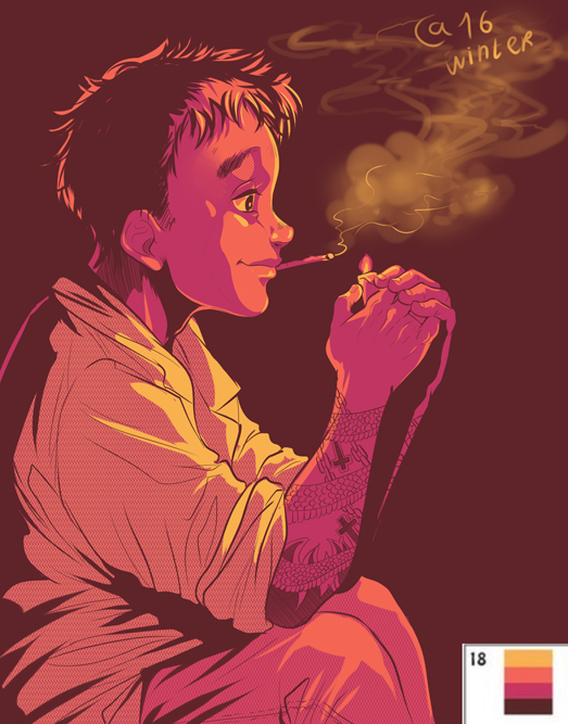 1boy, cigarette, color_guide, dark, dorohedoro, from_side, holding, kasukabe_(dorohedoro)