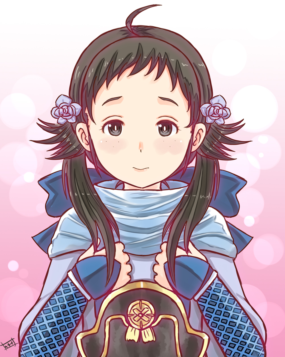 1girl, armor, blush, brown_hair, fire_emblem, fire_emblem_if, flower, freckles