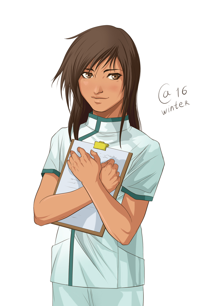 1boy, androgynous, brown_eyes, brown_hair, chou_shittou_caduceus, clipboard, dark_skin, emilio_juarez, long_hair, male_focus, medical_scrubs, nurse, sasha_gladysh, smile, solo, what_if