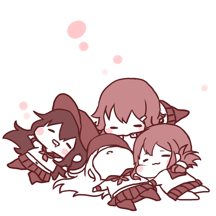 4girls, akatsuki_(kantai_collection), blush_stickers, chibi, closed_eyes, commentary_request, drooling, flat_cap