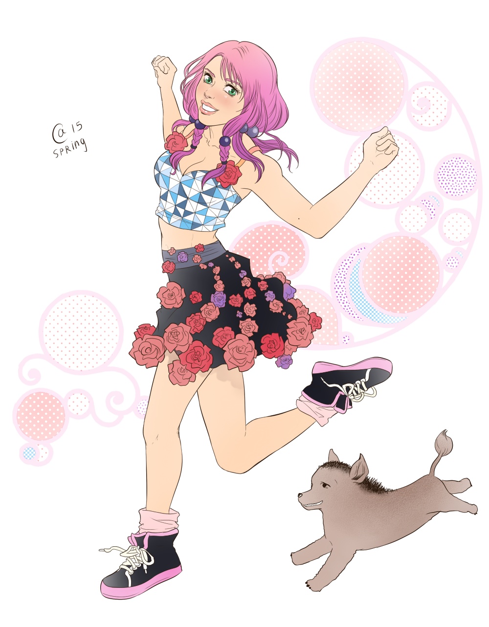 1girl, animal, braid, breasts, camisole, cleavage, collarbone, flower_skirt, full_body, green_eyes, hair_bobbles, hair_ornament, highres, hirose_yasuho, iwasuke_(jojo), jojo_no_kimyou_na_bouken, jojolion, leg_up, lips, midriff, navel, pink_hair, sasha_gladysh, shoes, skirt, smile, sneakers, solo, twin_braids