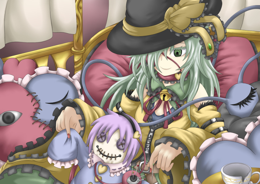 1girl, adapted_costume, alternate_hair_length, alternate_hairstyle, bare_shoulders, bell, belt, black_hat