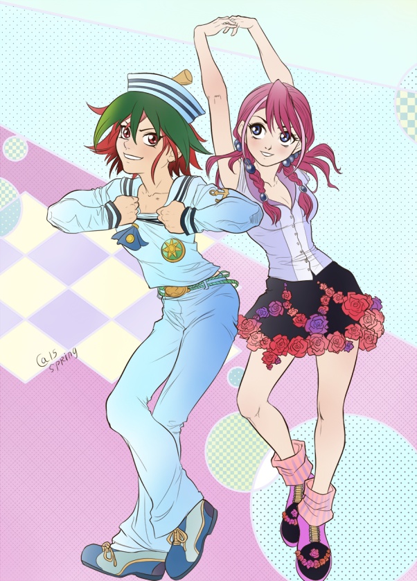 arms_up, blue_eyes, braid, breasts, cleavage, collarbone, dixie_cup_hat, flower_skirt, green_hair, hair_bobbles, hair_ornament, hat, higashikata_jousuke_(jojolion)_(cosplay), hiiragi_yuzu, hirose_yasuho_(cosplay), jojo_no_kimyou_na_bouken, jojo_pose, jojolion, military_hat, multicolored_hair, pink_hair, pose, red_eyes, redhead, sailor, sakaki_yuuya, sasha_gladysh, shirt_grab, skirt, smile, stretch, twin_braids, two-tone_hair, yuu-gi-ou, yuu-gi-ou_arc-v
