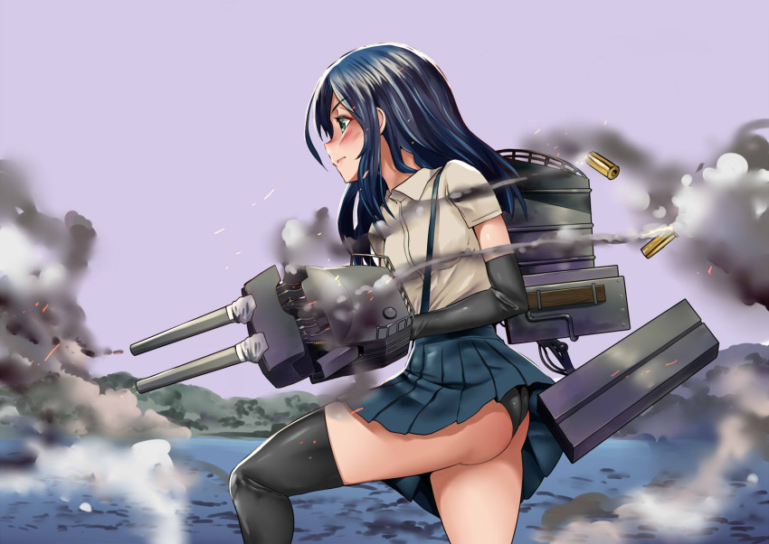 1girl, arm_warmers, asashio_(kantai_collection), battle, black_hair, black_legwear, black_panties, blue_eyes