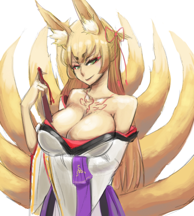 1girl, animal_ears, background, bare_shoulders, body_marking, body_markings, bow, breasts