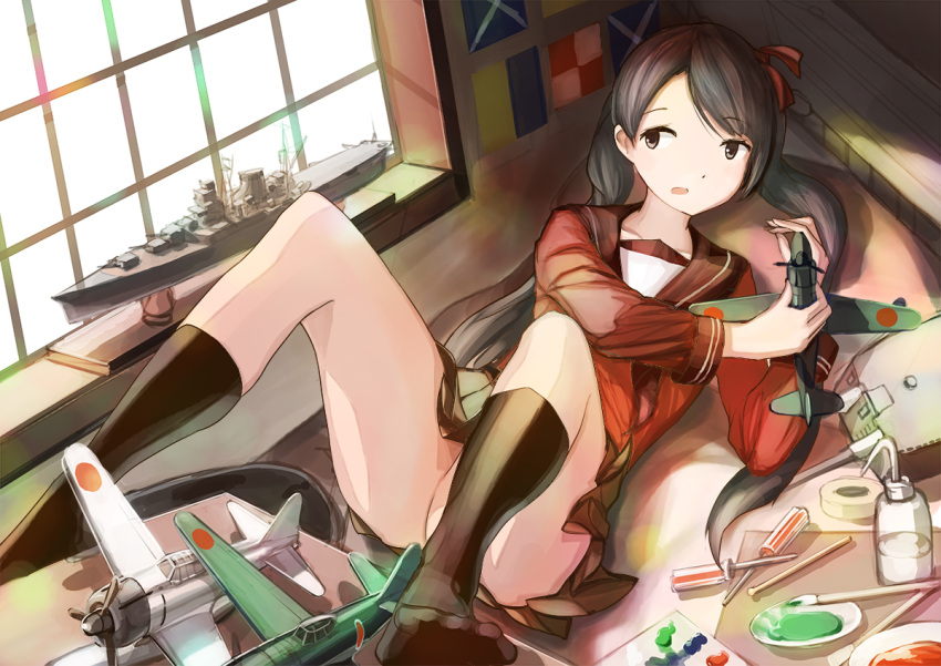1girl, black_legwear, brown_eyes, brown_hair, doraxi, hair_ribbon, kantai_collection, long_hair