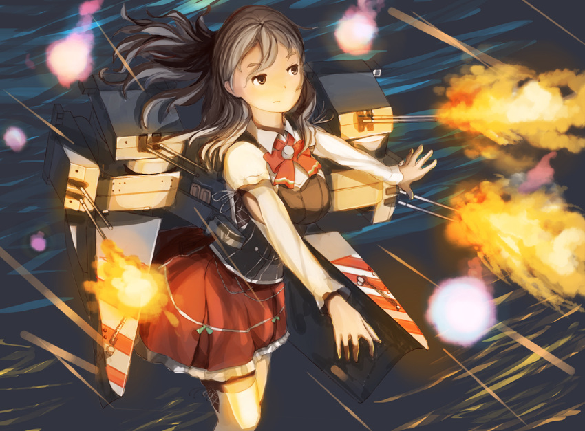 1girl, brown_eyes, doraxi, firing, grey_hair, kantai_collection, long_hair, machinery