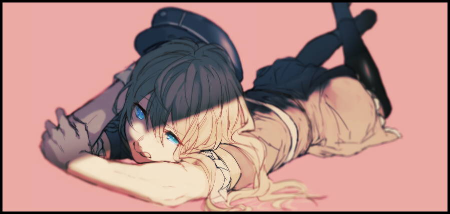 1boy, :q, black_border, black_legwear, blonde_hair, blue_eyes, border, crossdressinging