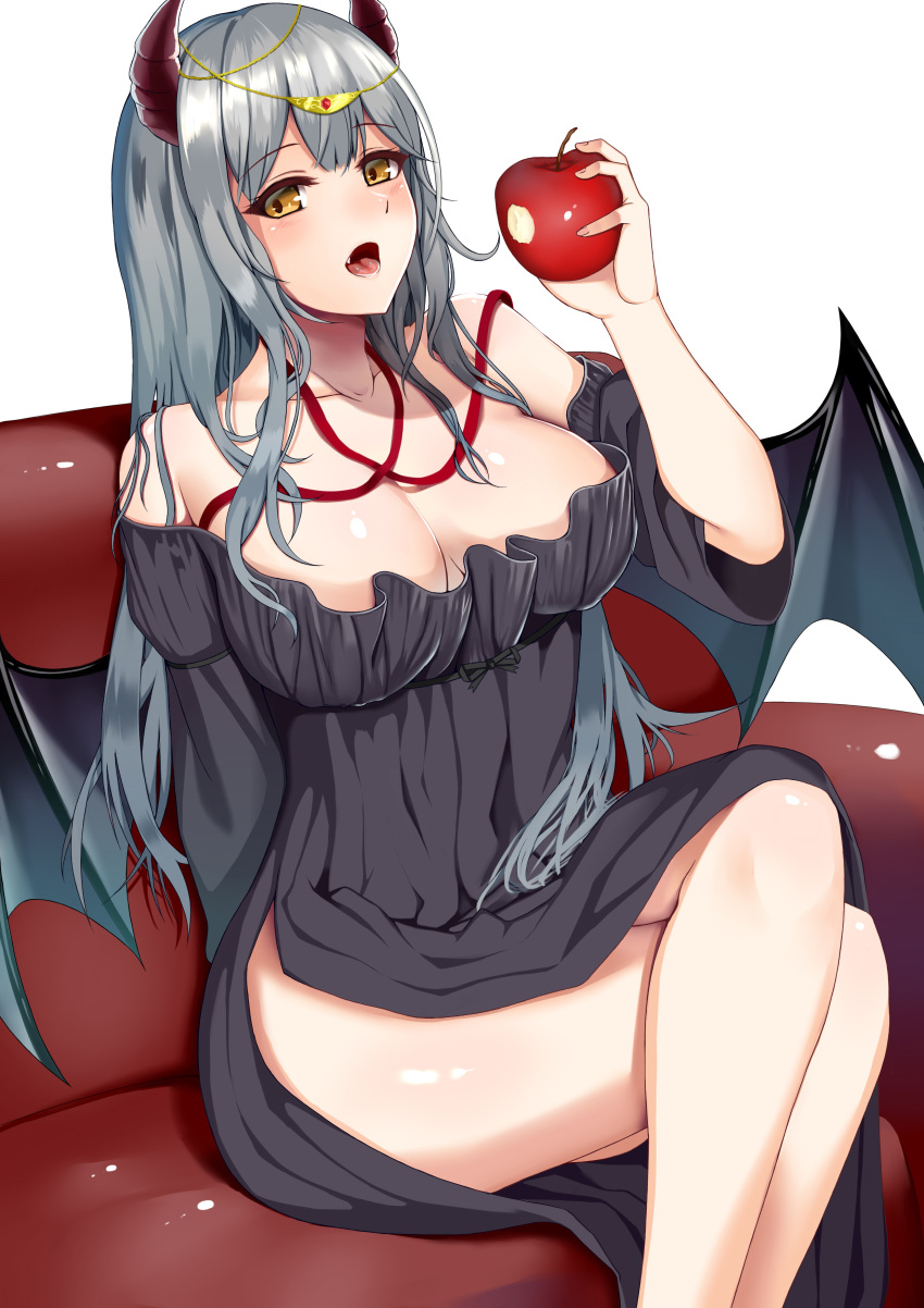 1girl, absurdres, apple, black_dress, breasts, cleavage, collarbone, couch