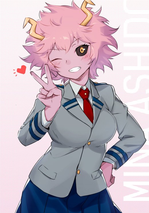 1girl, :d, ashido_mina, black_sclera, blazer, blue_skirt, blush, boku_no_hero_academia, breasts, buttons, character_name, collared_shirt, cowboy_shot, dress_shirt, grin, hand_on_hip, heart, horns, ishitsu_kenzou, jacket, large_breasts, long_sleeves, looking_at_viewer, necktie, one_eye_closed, open_mouth, pink_hair, pleated_skirt, pocket, purple_skin, red_necktie, school_uniform, shirt, short_hair, skirt, smile, solo, v, white_shirt, wing_collar, yellow_eyes