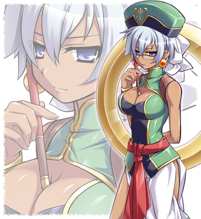 1girl, afuranoru, arm_behind_back, bare_shoulders, between_breasts, blue-framed_glasses, blue_eyes, blue_hair