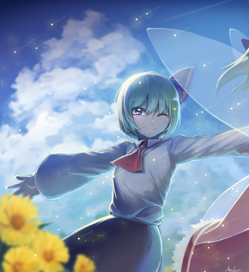 2girls, anchors, ascot, backlighting, black_skirt, blonde_hair, blue_sky, blurry