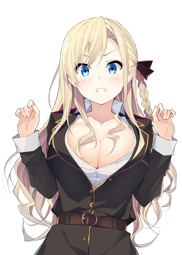 1girl, belt, blonde_hair, blue_eyes, braid, breasts, bursting_breasts, cleavage